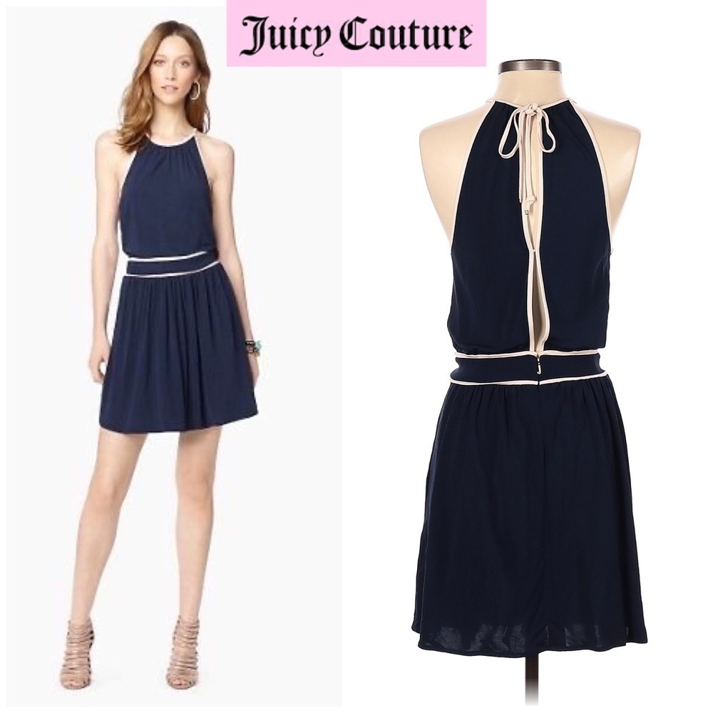 $228‼️Juicy Couture La Brea Halter Vicose Mini Dress Navy Gold Embossed Logo XS
